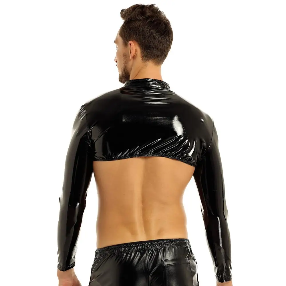 Tanie Brand New Mens Wetlook z długim rękawem stojak kołnierz nabijane mięśnie O Ring przód pół seksowny top klub nocny Clubwear kostiumy