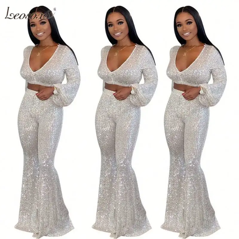 

Women Clothing Sets Sexy Two Piece Set Sequins Deep V Neck Puff Sleeve Wide Leg Club Party Women 2 Piece Clothing