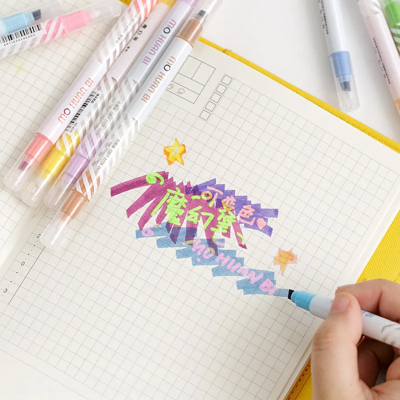 12pcs Magic Color Highlighter Pen Set Dual-side Fluorescent Erasable Marker Liner Drawing Art Pen Stationery Office School A6809