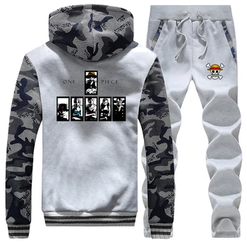 

One Piece fashion print Men Coat long sleeve Winter Jacket Warm trend Tracksuit Thick Fleece Hoodies Outerwear+Pants 2Piece Sets