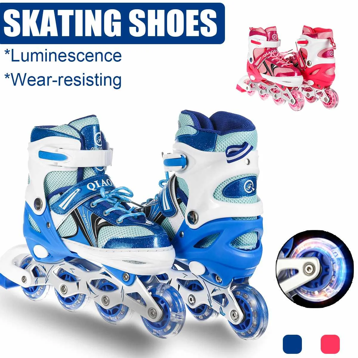 Kids Children Inline Skates Flashing 4 Wheels Adjustable Roller Blades Gift Blue 