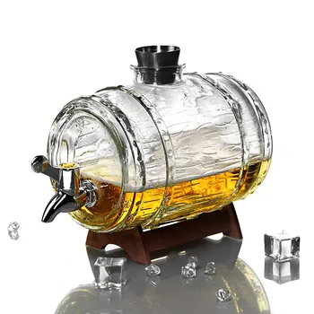 

1500ml Glass Whiskey Decanter Set Creative Beer Barrel Bar Family Party Decoration Wine Bottle Stainless Steel Small Wine Glass