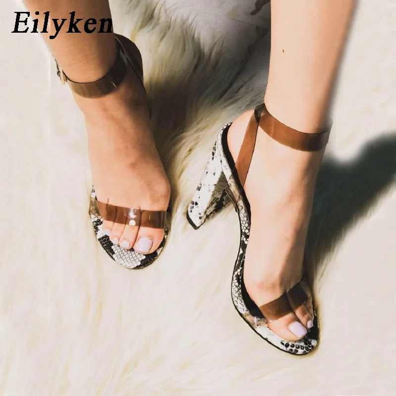 

Eilyken 2020 New Design Black PVC Snakeskin Ankle Strap Sandals Women Square heel Party Open toed Summer Sandal Party Shoes