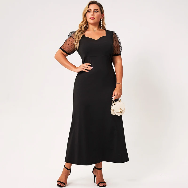 New Summer Dresses Women Plus Size 2022 Black Loose Lace Puffy Short Sleeve V-neck Elegant Vintage High-waist Party Long Robes |