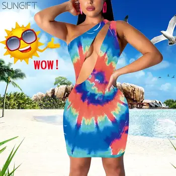 

SUNGIFT Dashiki Women's African Clothes Sexy Bodycon Slinky Dress Cut Out Front Sleeveless Print 2019 Summer Stylish Beach Skirt