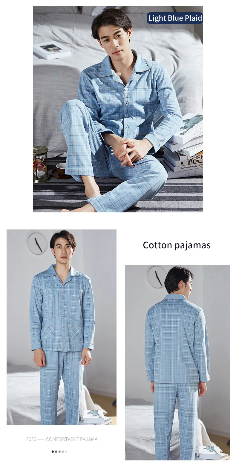 Winter 100% Cotton Pajamas Men Blue Sleepwear  Warm Pyjama Homme Cotton Pijamas Hombre Invierno Cotton Plaid Pyjamas Plus Size best mens pajamas