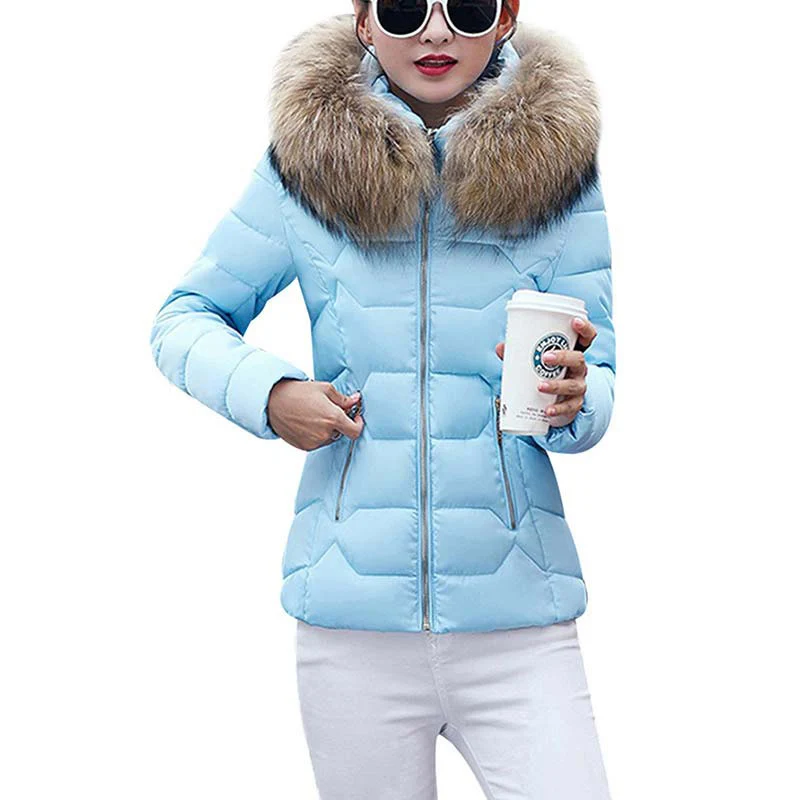 Зимние пуховики женские модные теплые пальто хлопок утолщение парка меховой воротник куртки с капюшоном Съемная шапка зимняя одежда - Цвет: Blue2