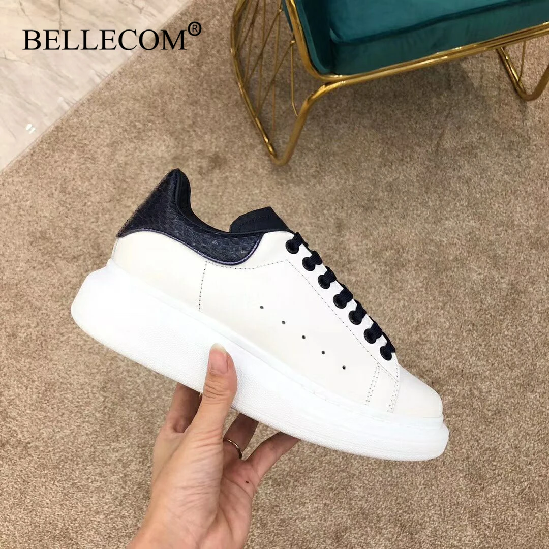 Bellecom/Новинка года; женские кроссовки на платформе; мужские кожаные туфли на плоской подошве; маленькие белые туфли; Повседневная обувь McQueen; zapatos mujer; Размеры 35-45