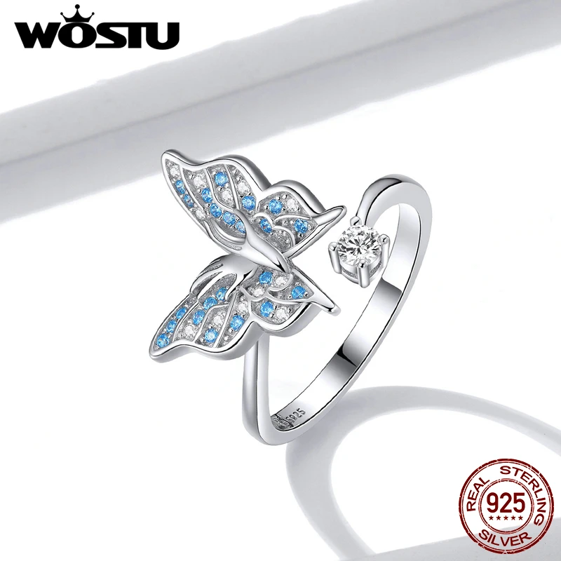 WOSTU,, 925 пробы, серебряная бабочка, голубой циркон, кольца, регулируемый размер, кольцо на палец для женщин, модное свадебное ювелирное изделие CTR098