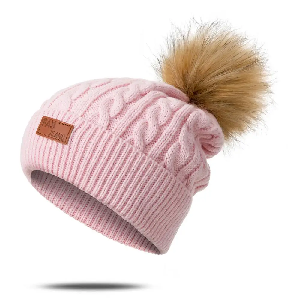 Pink SuperB&G, модная женская зимняя шапка для детей, помпоны, теплые вязанные шляпы, одноцветная удобная мягкая шапка для девочек, аксессуары - Цвет: Pink