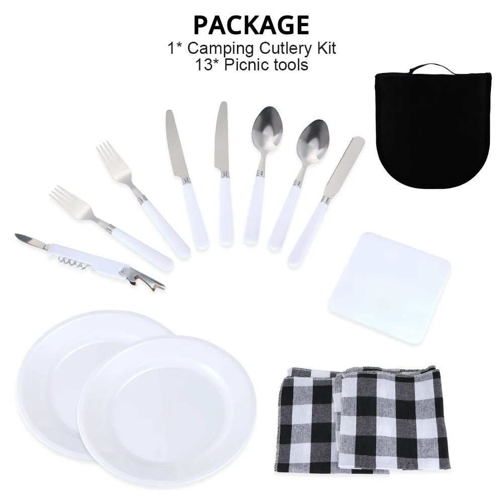 Günstige Camping Besteck Kit Edelstahl Platte Löffel Wein Opener Gabel Serviette Outdoor Picknick Küche BBQ Reise Utensil Picknick Set