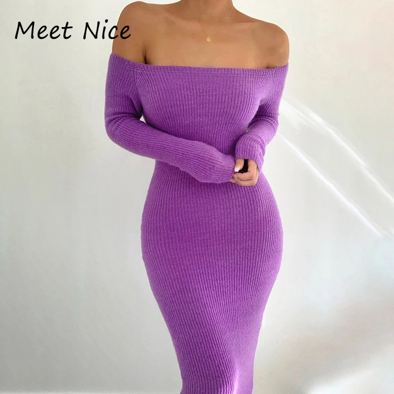 

Women Autumn Dress Long Sleeve Cotton Ribbed Long Dresses Sexy Slash Neck Off Shoulder Midi Bodycon Dress Knitted Robe