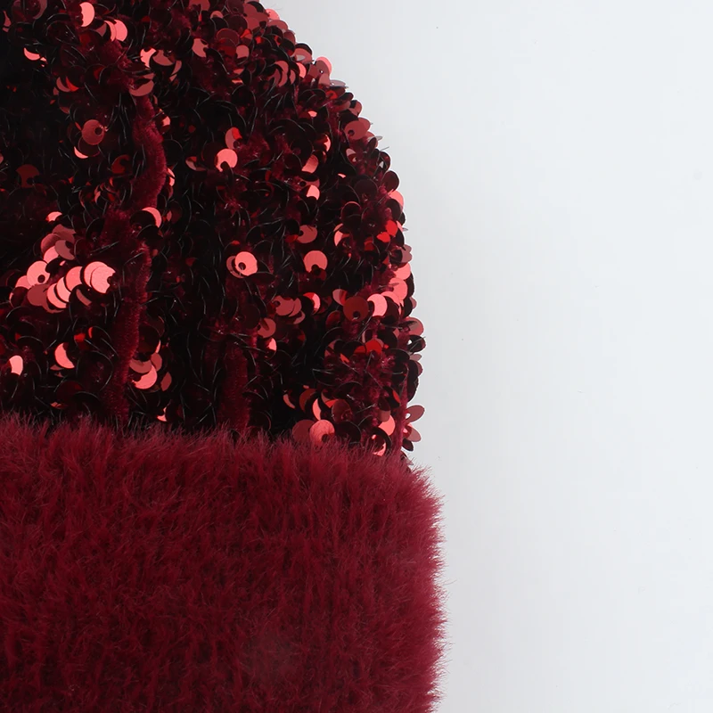 Winter Gebreide Mutsen Hoeden Vrouwen Luxe Bing Pailletten Beanie Skullies Vrouwelijke Bont Pompom Hoed Motorkap Beanie Caps 6