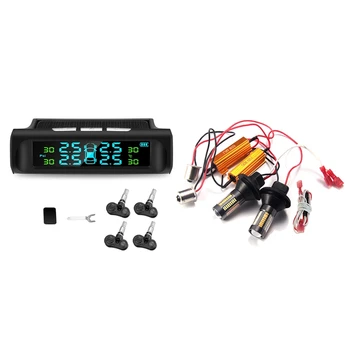 

1 Set Solar Tpms Car Tire Pressure Alarm Monitoring System & 2Pcs Led Two-Color Car Drl Turn Signal 12V 66Smd 4014 White To Yell
