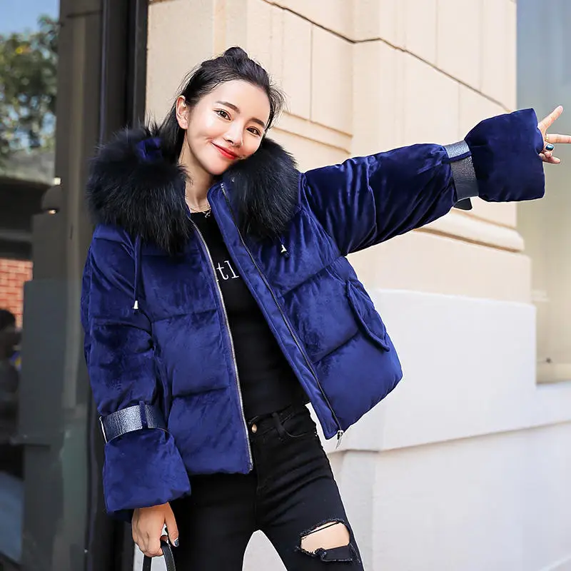 Royal blue Parkas Зимняя куртка женская парка Теплая с капюшоном меховая короткая куртка с воротником пальто Золотая Бархатная верхняя одежда женское зимнее пальто Casaco Feminino Q1914 - Цвет: Royal blue Parkas