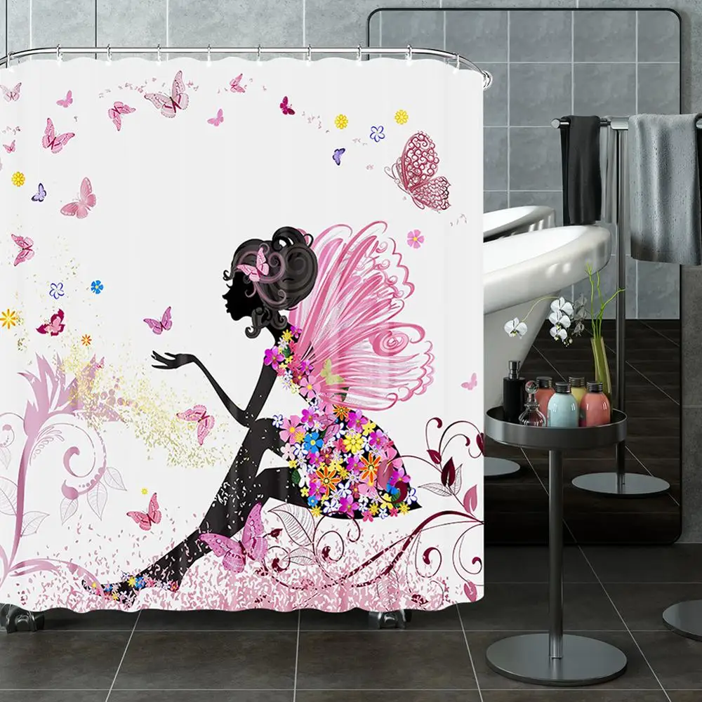 

Pink Flower Butterfly Girls Shower Curtains Bathroom Curtain Fabric Waterprood Polyester For Bath Decor Bath Curtain With Hooks
