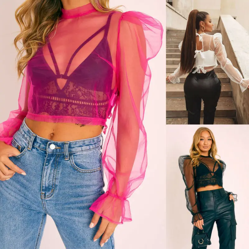 Goocheer Women Sexy Sheer Summer See Through Lace High Neck Tops Mesh Long Sleeve Hollow Out Blouse Transparent Smock Cover-up | Женская