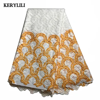 

Nigerian Cotton DIY Sewing Gold Yellow&White Mesh Embroidered Latest African Cord Laces Party Dress KRL-13157