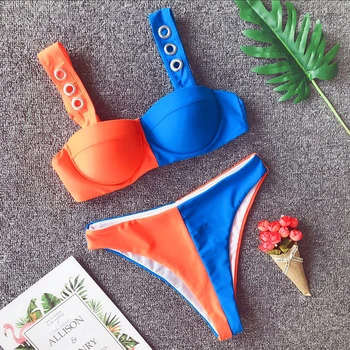 

IMANFive Women Sexy Metal Ring Two Color Patchwork Underwire Bikini 2019 New Arrival Beachwear Padded Swimsuit Swimwear Women