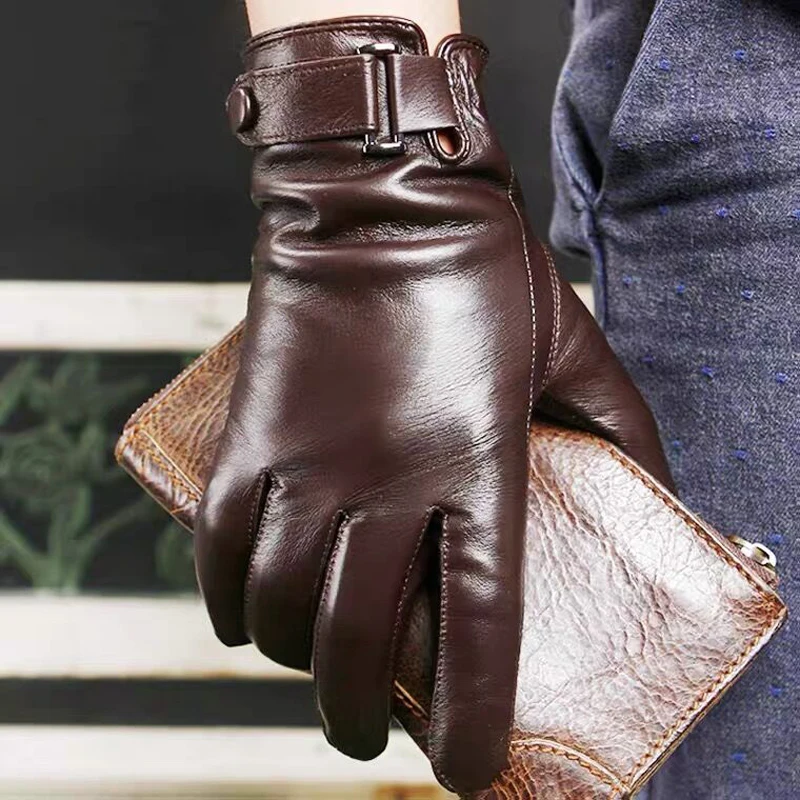 

Man Genuine Leather Button Black Thick/Thin Gloves Male Commercial Business meeting MC Host Driving Suede Luvas