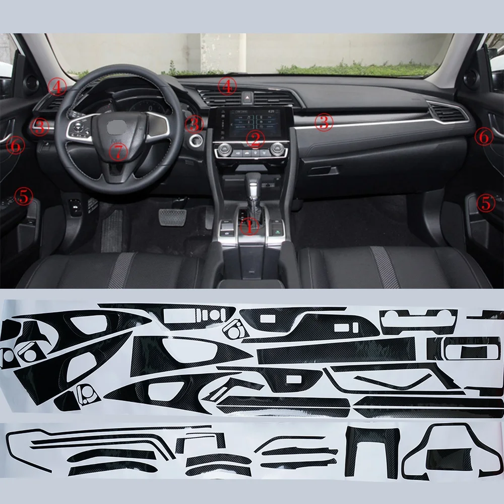 5D углеродное волокно черный интерьер наклейки отделка Набор для Honda Civic