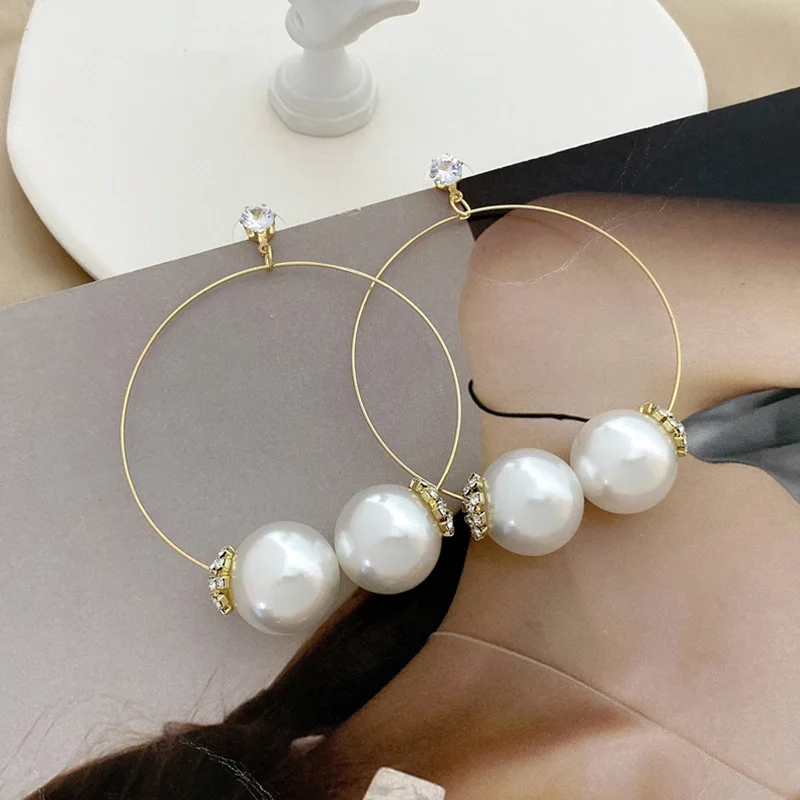

Korean Fashion Vintage Oversize Hoop Earrings With Pearls Women Jewelry