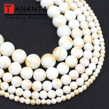 

4 6 8 10 12mm Gold White Jades Round Loose Beads Natural Stone for Jewelry Making Handmade Charm Diy Bracelet Necklace 15 Inch