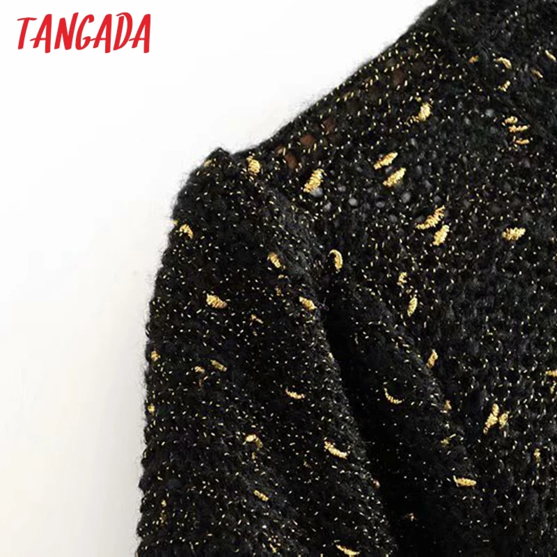 Tangada женский укороченный джемпер из золотой пряжи, свитер с пышными рукавами три четверти и круглым вырезом, корейский стиль, пуловеры, женские топы 6P04