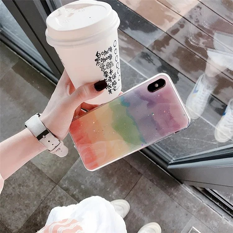 Japanese Retro Simple rainbow Gradient Glitter Phone case silicone cover for coque iPhone 7 7 Plus 6 8 6s Plus X XR xs max case