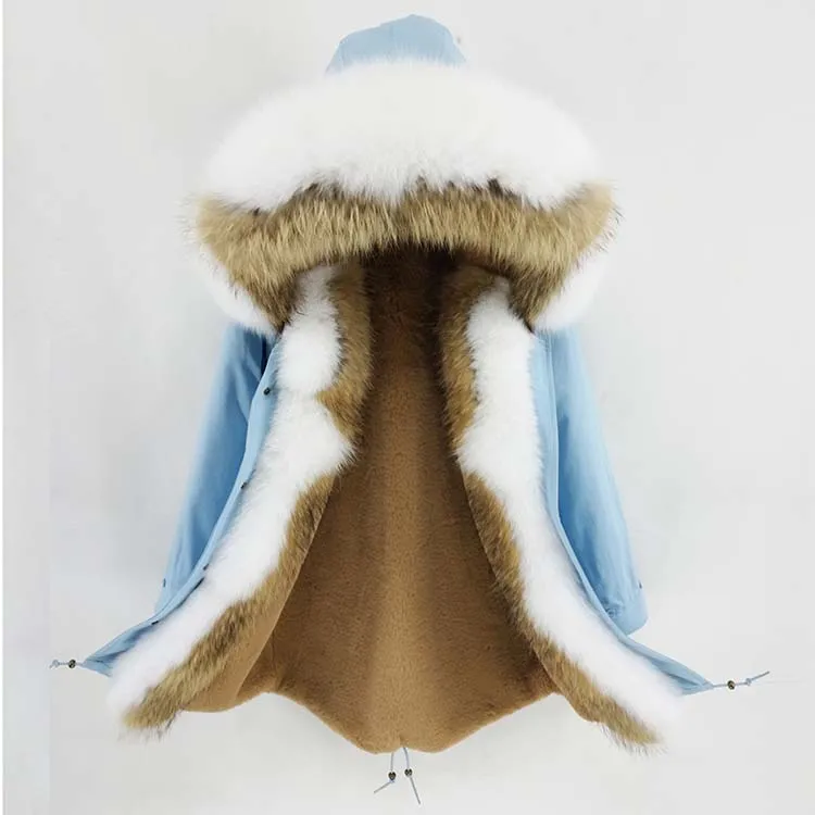 light blue 2 Новинка, зимняя женская куртка, натуральный мех енота, воротник из лисьего меха, капюшон, Толстая теплая верхняя одежда, пальто из натурального меха, длинная парка - Цвет: light blue 2