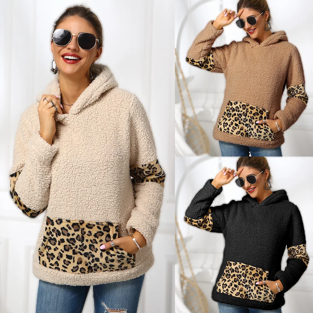 Women fleece sweatshirt winter casual faux fur leopard patchwork fluffly female hoodies warm turtleneck thick sherpa tops new
