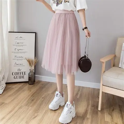 Pink Женская юбка из тюля Летние Юбки-миди трапециевидной формы длинные плиссированные юбки в складку из эластичной сетки с высокой талией для школьниц в Корейском стиле - Цвет: Pink