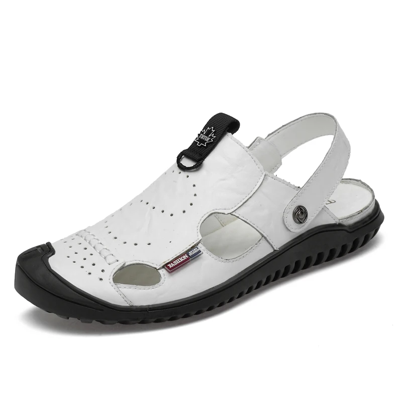 WOLFANT New two-layer Leather Sandals outdoor low-top Sandals man sandals zapatillas de plataforma verano - Цвет: Слоновая кость