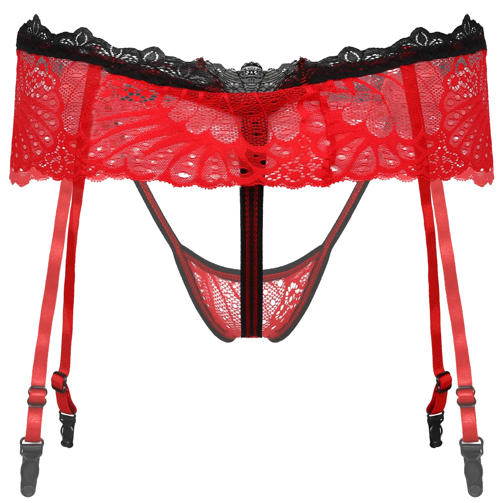 Male Gay Mens Sexy Exotic Panties Skirted Thongs Bowknot Crotchless T-Back Adjustable Garter Belt Lace G-String Sissy Underwear