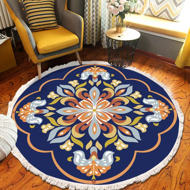 ​Home Decor Retro Bohemian Round Carpet Hand Woven Cotton Linen Carpet Rug Bedside Rug Geometric Floor Mat Living Room Carpet U