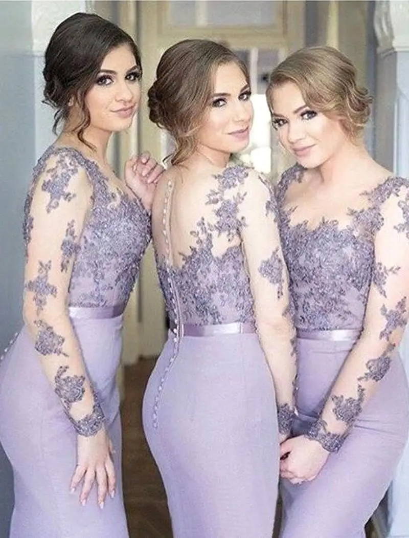 

Light Purple Long Sleeve Lace Bridesmaid Dresses 2019 Candy Color Button Back Mermaid Dress Wedding Party Vestidos De Fiesta