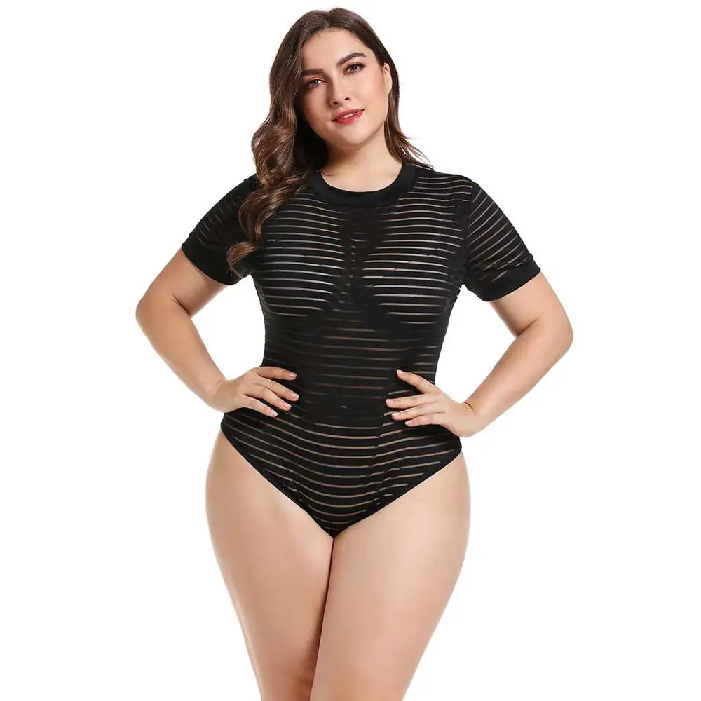 

Women Jumpsuits Plus Size Striped Mesh Short Sleeve Round Neck Bodysuit Casual short rompers womens jumpsuit combi short #3F