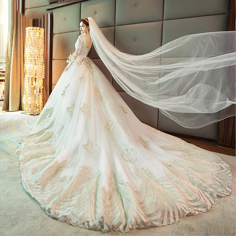 

2019 Autumn New Arrive V Neck Long Sleeves Cathedral Trail Beading Applique Lace Wedding Dresses robe de mariee Vestido De Novia