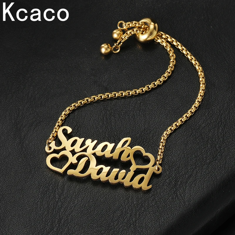 Stainless Steel Custom 2 Names Bracelet for Women Kids Personalized Double Hearts Nameplate Adjustable Bracelets Jewlery Gift
