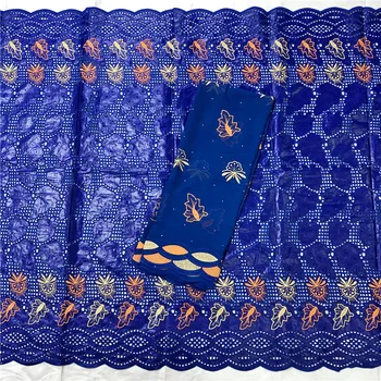 

5+2yards New arrival Blue african BAZIN riche fabric with Embroidery lace african Guinea Brocade cotton fabric 16L071352