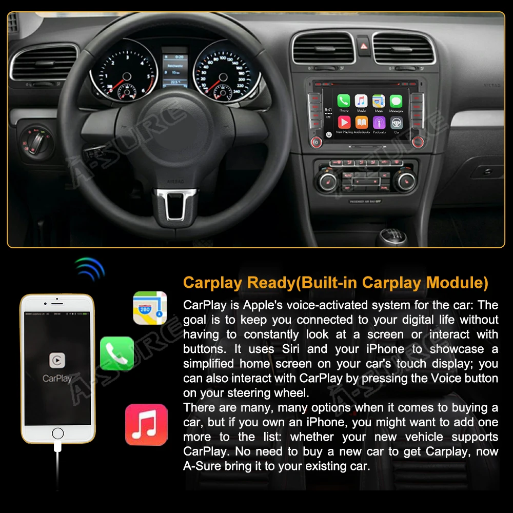 A-Sure Car Radio Dual Tuner CarPlay Android 10 WIFI 4G GPS DVD Navigation For VW PASSAT B6 Polo Sharan TIGUAN GOLF 5 Skoda Seat