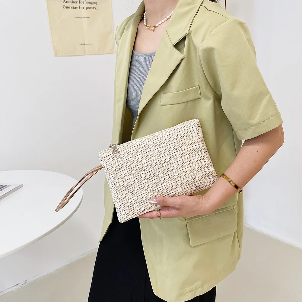 Fashion Women Bohemian Woven Clutch Wristlet Bag Casual Ladies Beach Summer Solid Color Small Handbags Purse |