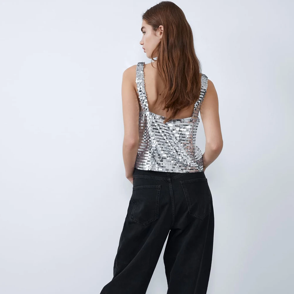 ZA Sequins сексуальный жилет с надписью для женщин мода весна лето короткие элегантные сексуальные топы для ночного клуба Праздничный Рождественский подарок