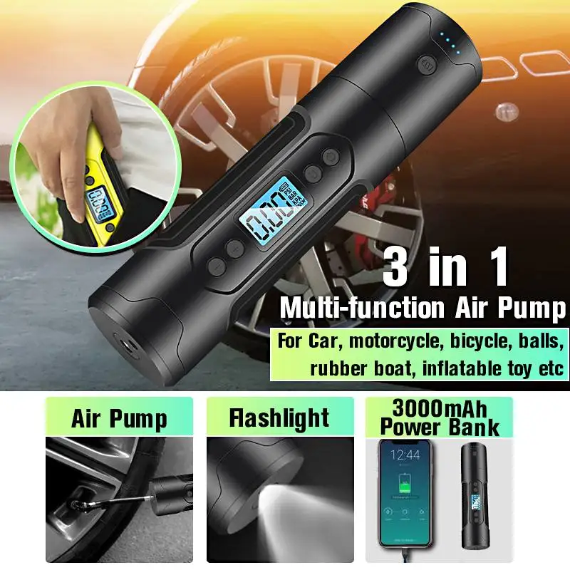 

3000mAh 35L/min Portable Air Compressor 12V 150 PSI Tire Inflator For Car Motor Bicycle Tire Pump With Digital Gauge LED Light