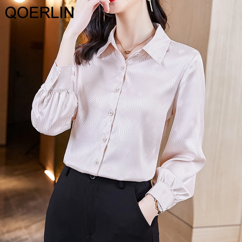 QOERLIN Women Jacquard Silk Shirt Long Sleeve 2022 New Fashion Pink Shirts Elegant Blue Blouse Office Clothing Sping Autumn blouses lace splicing hollow out blouse in blue size s