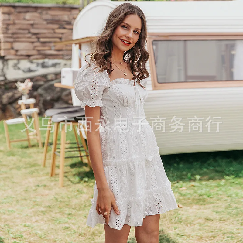 DEAT 2020 New Summer Fashion Casual Solid Color Square Collar Ruffless A- Line Sexy Backless Dress Short Women SD538