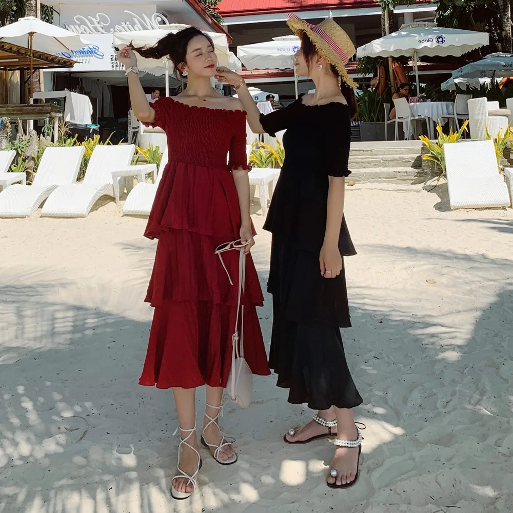 

INS France Non-mainstream Cake Dress 2019 Summer New Style WOMEN'S Dress Retro CHIC Wind off-Shoulder Polka Dot Dress