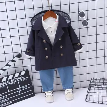 

Boy clothing 2020 autumn baby suit children's double-breasted hooded trench coat + Top + jeans three-piece set 1-4 years old