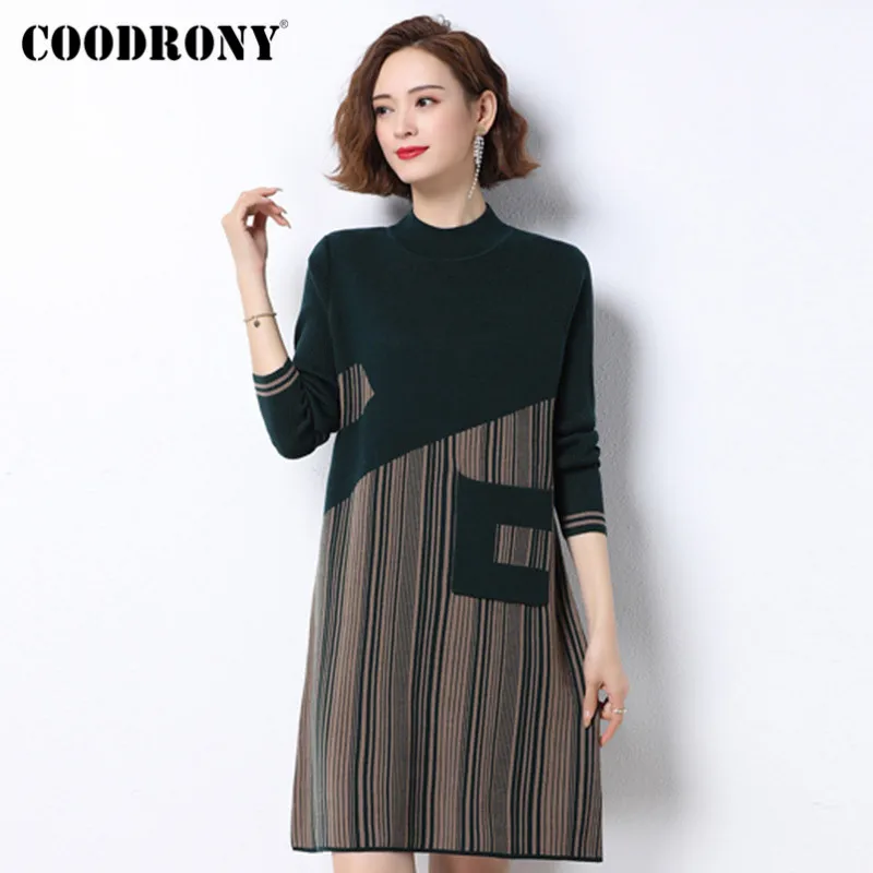 COODRONY Brand 2020 New Autumn Winter Long Women Pocket Sweaters Outdoor Casual Stand Collar Knitting Slim Jumpers Female W1124