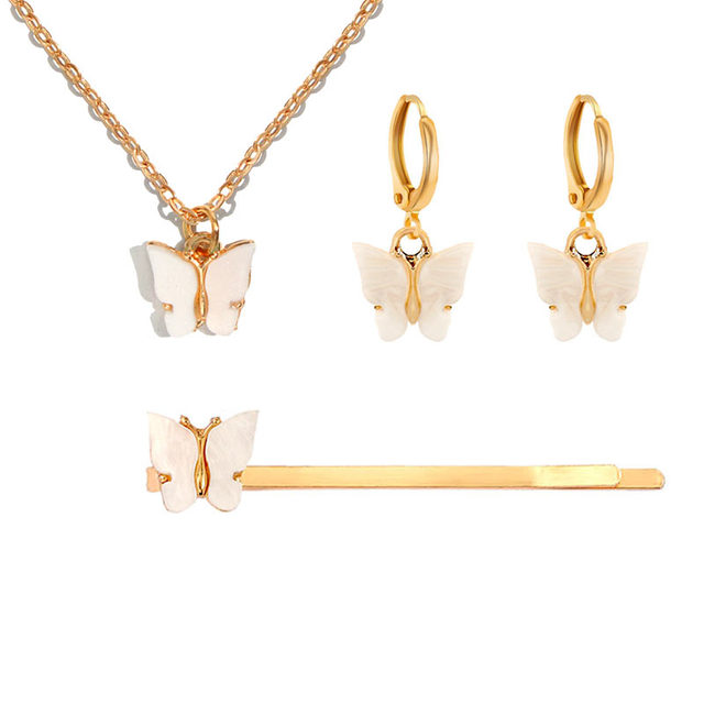 Fashion Cute Multicolor Acrylic Butterfly Jewelry Sets For Women Sweet Girls Pendant Necklace Earrings Hairpin Set Gifts